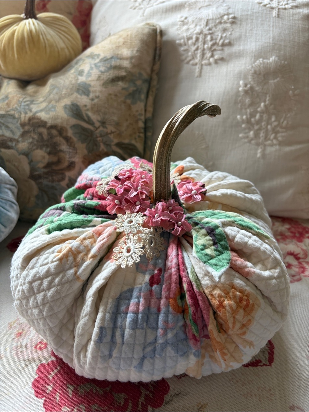 Handcrafted Floral Quilted Fabric Pumpkin - Cream & Pastel